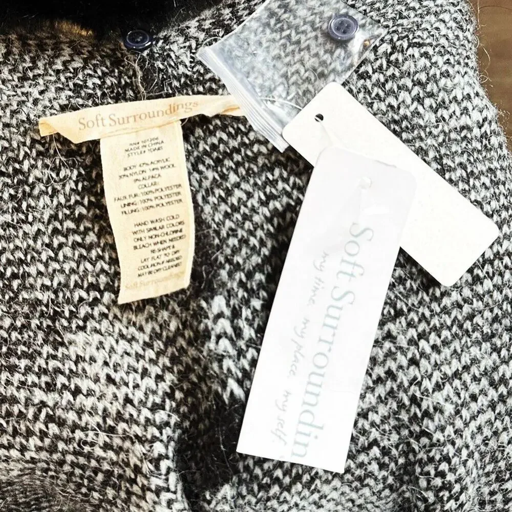 Soft Surroundings Black and Gray Plaid Faux Fur Trim Poncho